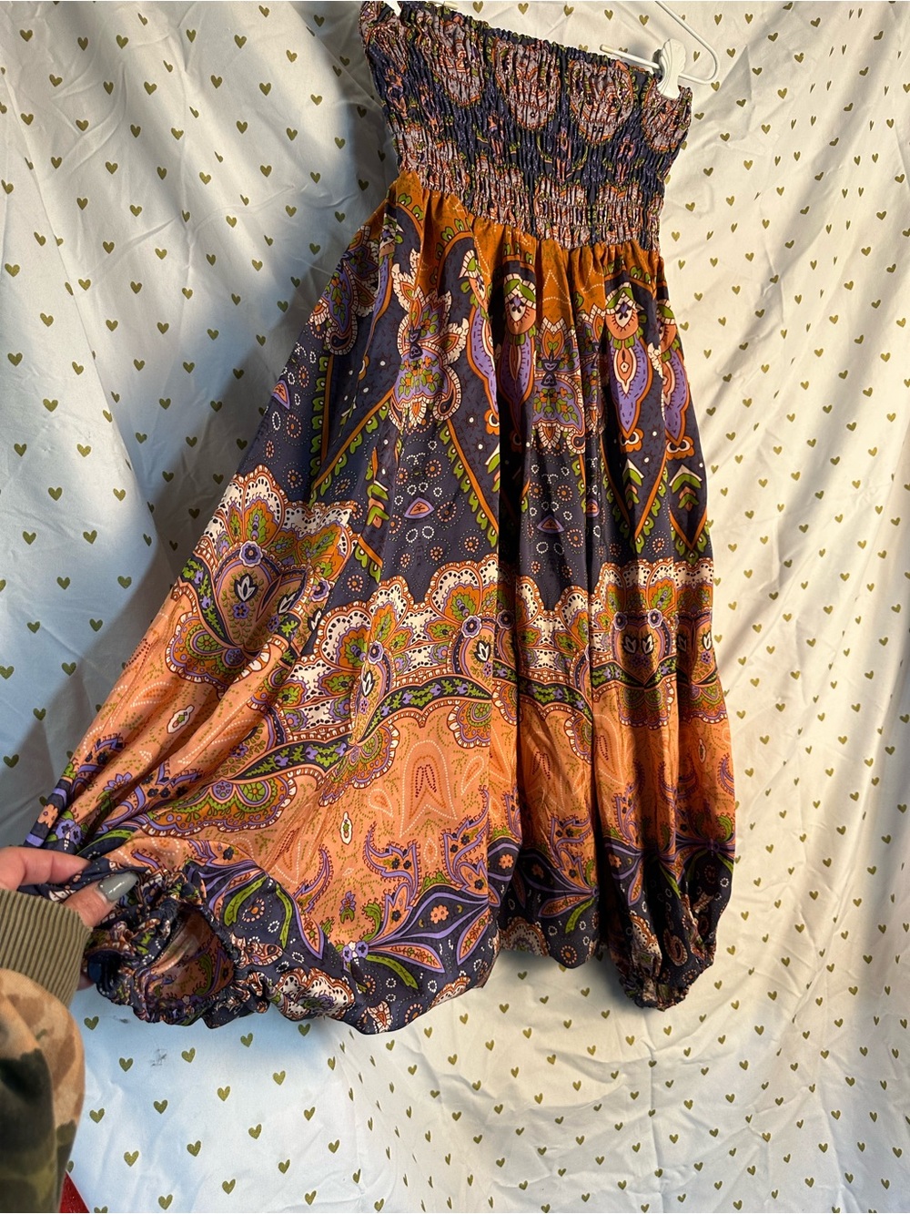 Pinkerton 100% Silk Boho Smocked Harem Jumpsuit Orange Purple XS/S (Fits M)